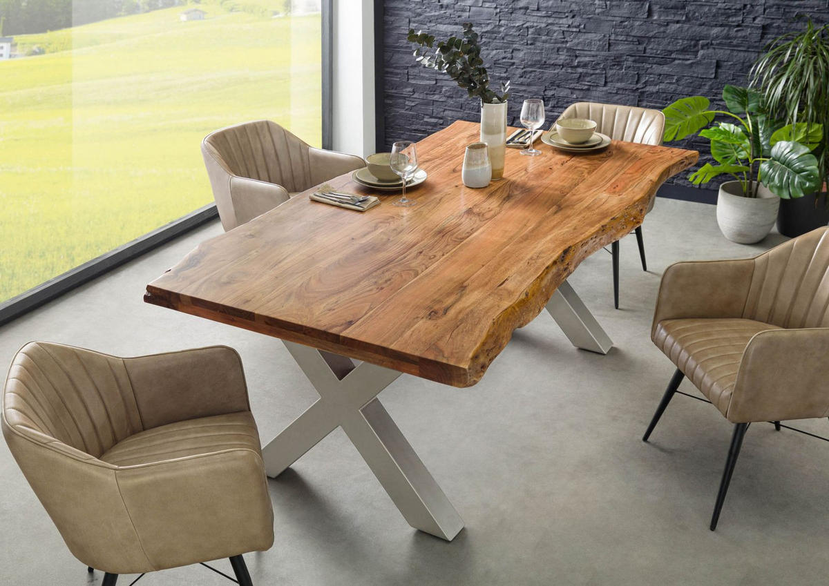 BAUMTISCH Akazie 180x90x77 Akazie natur lackiert / X-Beine silber matt FREEFORM 5 - Silberfarben/Naturfarben, Holz (180/90/77cm) - Massivmoebel24