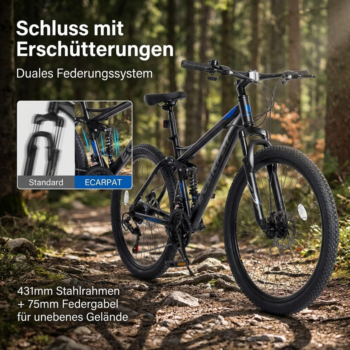MOUNTAINBIKE 26 Zoll Schwarz + Blau, 21-Gang-Schaltung, Doppel-Scheibenbremsen, Carbonstahl - Blau, Metall (20cm) - Oxeza