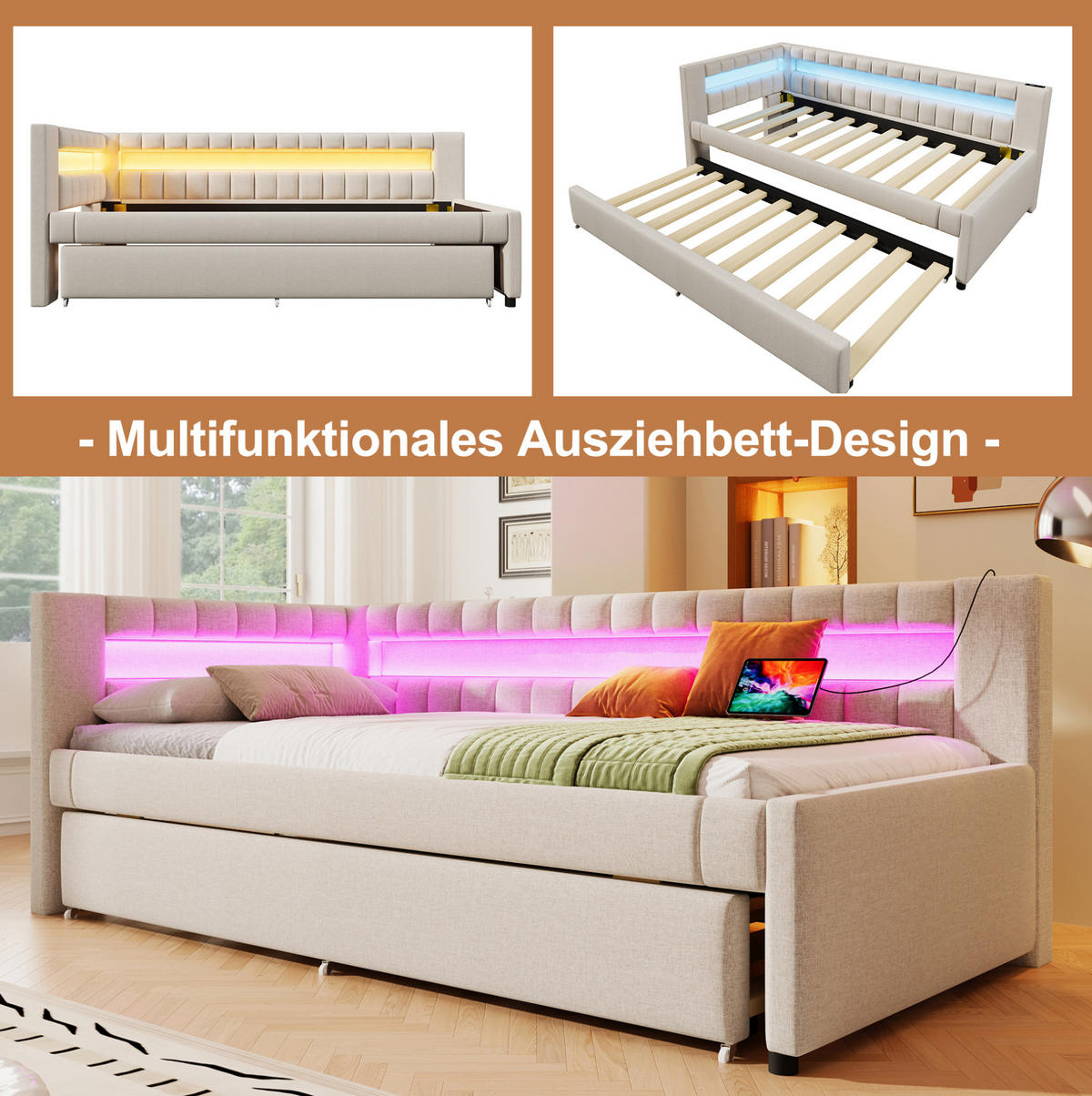 POLSTERBETT 90/200 cm aus Leinen mit LED-Beleuchtung und USB- und Type-C-Anschlüssen - Beige, Textil (90/200cm) - Flora Grace