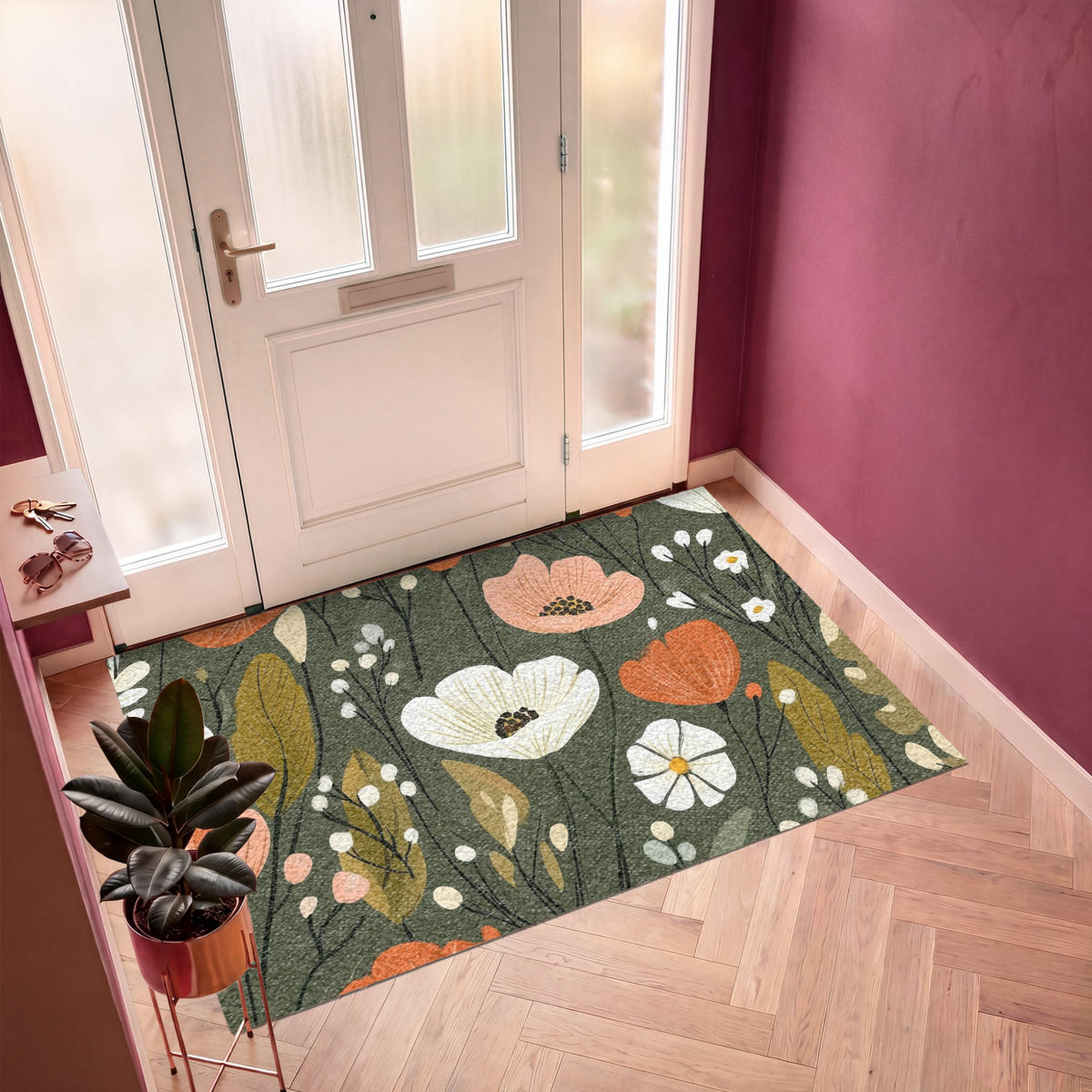FUSSMATTE Blumen - Illustration - Grün Flurteppich 180x120 cm - Dunkelgrün, Kunststoff (180/120cm) - MuchoWow