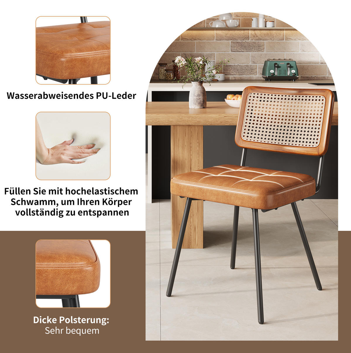 ESSZIMMERSTUHL mit PE-Rattan-Rückenlehne 61 x 46 x 79 cm Braun - Braun, Metall (44/79/46.2cm) - Meubliv