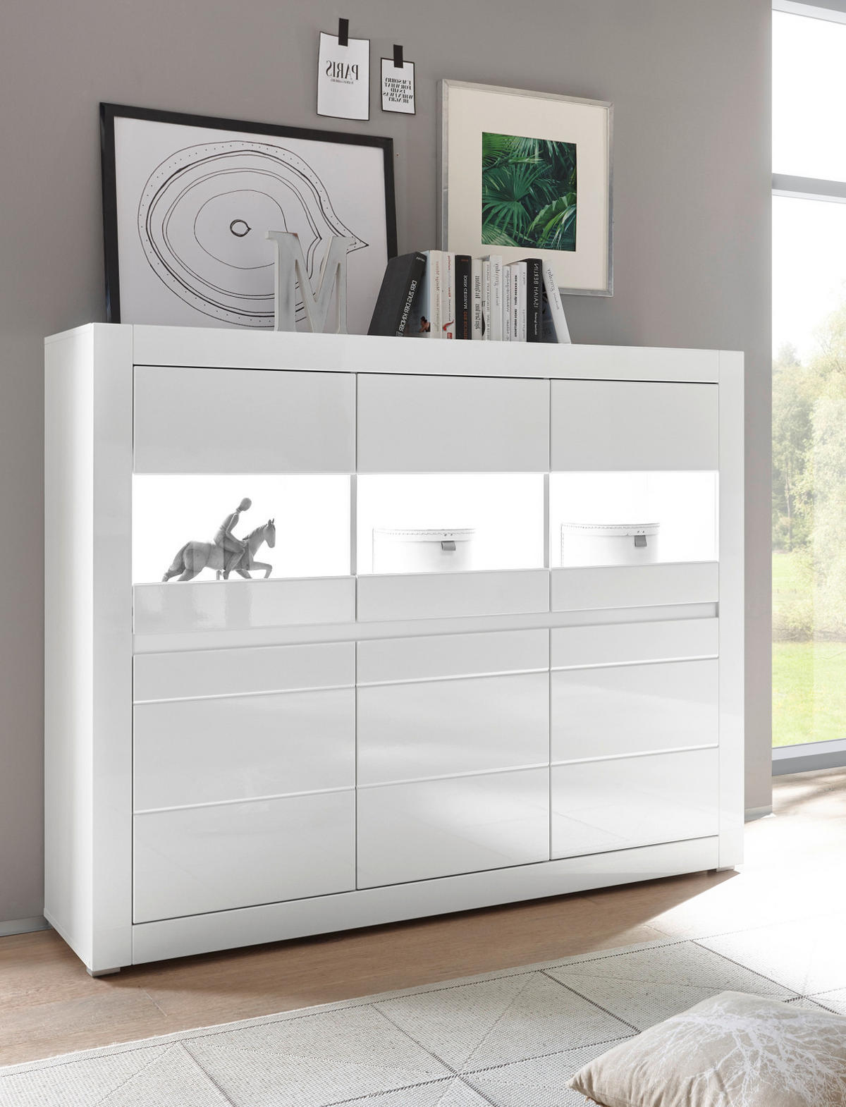 HIGHBOARD Hochglanz weiß, Schrank 164 x 131 cm mit Soft-Close-Funktion - Weiß Hochglanz/Weiß, Glas/Holzwerkstoff (164/131/42cm) - Furn.Design