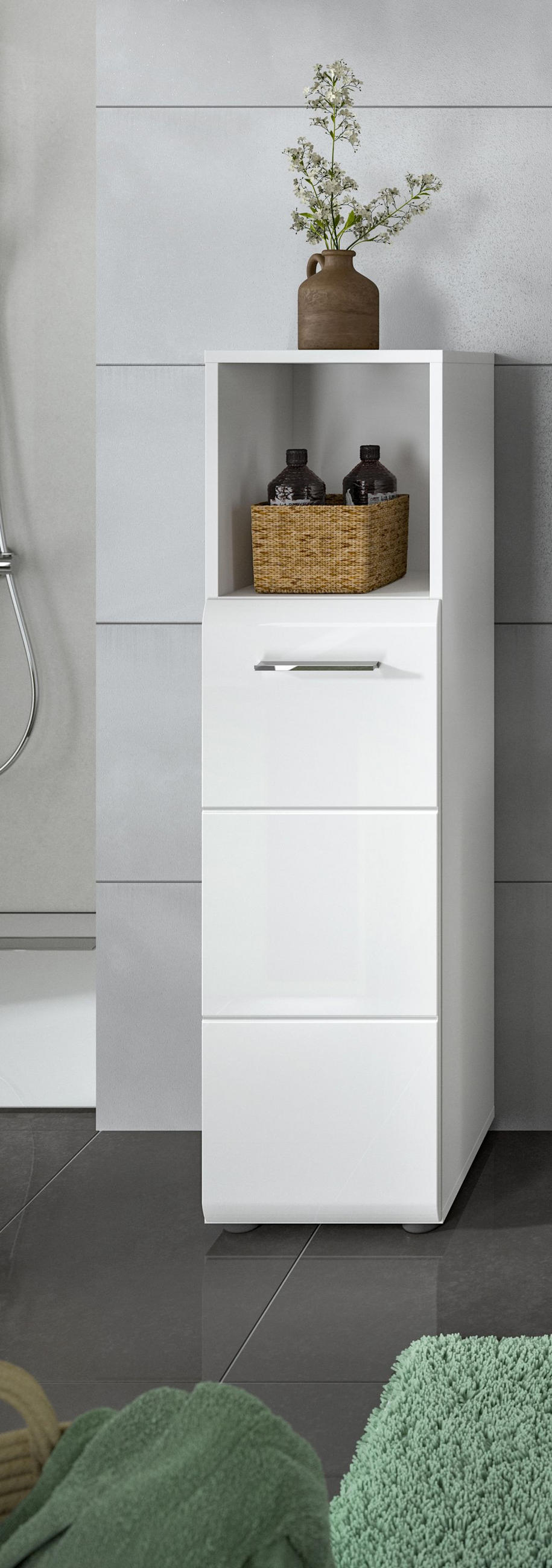 STANDSCHRANK hoch Ice Bad in weiß Nachbildung und weiß hochglanz B/H/T: 30x110x30 cm - Weiß, Holz (30/110/30cm)