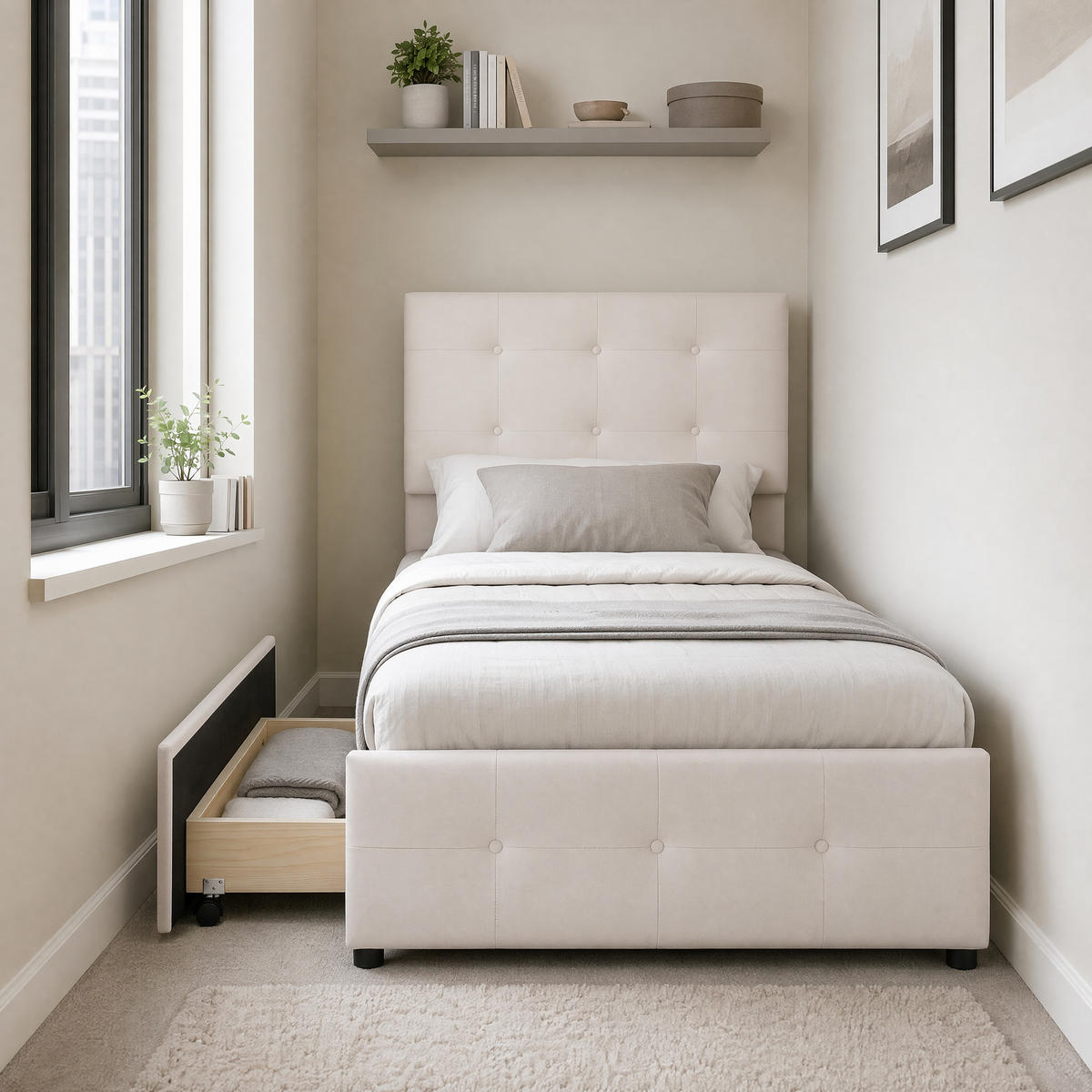 EINZELBETT 90x200 Samt Mit Stauraumschublade Stabil Lattenrost - Creme, Holz