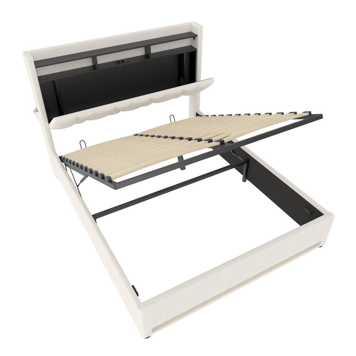 BOXBETT 160/200 mit Bettkasten, LED, USB/Typ C-Ladeanschluss,Samt,Beige - Beige, Metall (160/200cm) - LVHOM