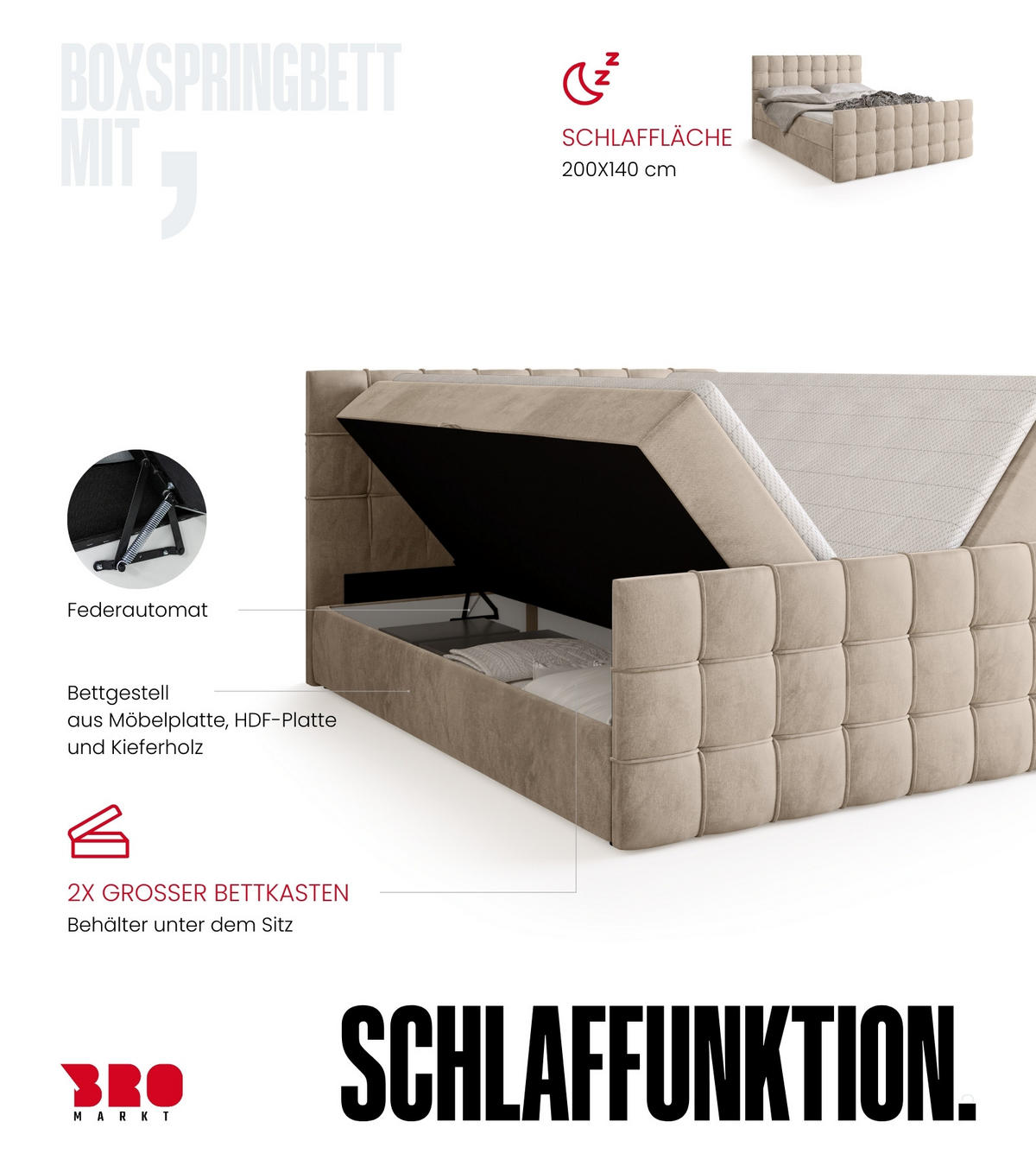 BOXBETT Detroit Duo mit Topper 140/200 Creme - Creme, Textil (140/200cm) - Bromarkt