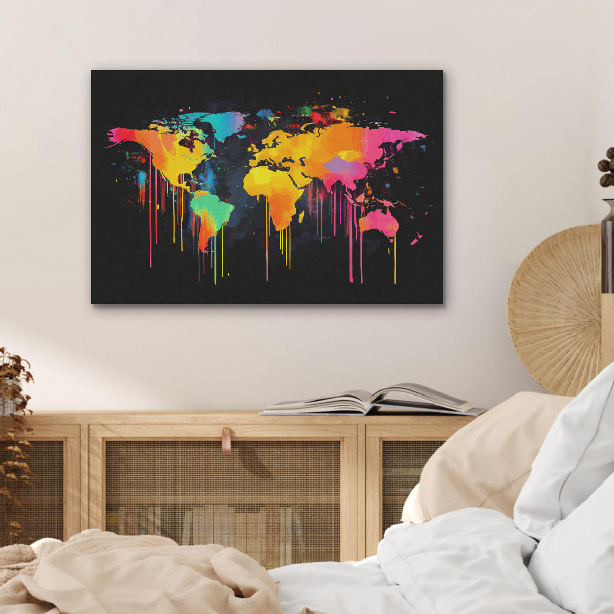 AKUSTIKBILD Weltkarte - Farbe - Bunt - Graffiti - Welt Wanddeko 70x50 cm - Multicolor, Kunststoff (70/50/0.9cm) - MuchoWow