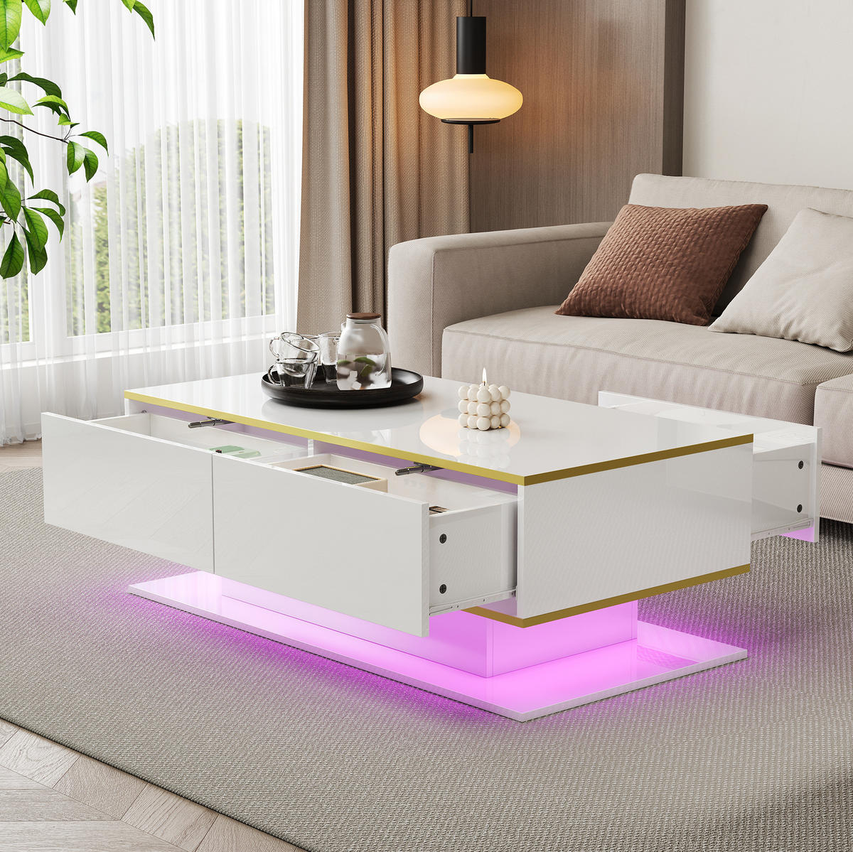 COUCHTISCH 100/50/40 cm in Weiß/Gold mit 3 Schubladen und LED-Beleuchtung - Weiß, Holzwerkstoff (100/50/40cm) - Flora Grace
