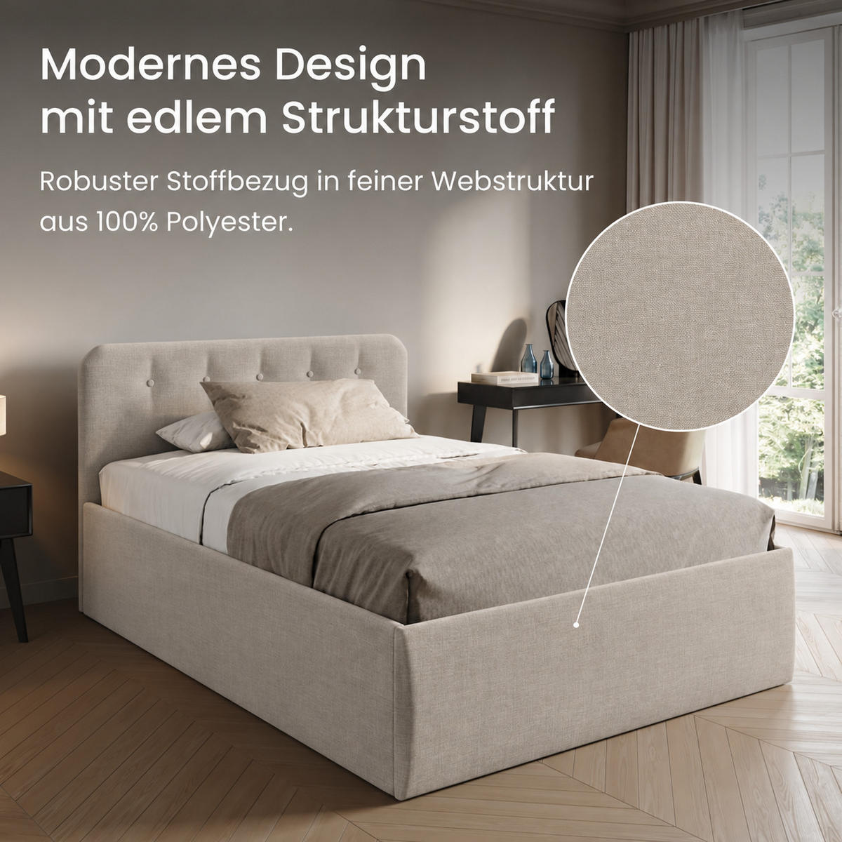 POLSTERBETT mit verstellbarem Lattenrost & Bettkasten, Kaltschaummatratze, 140 x 200 cm in Creme - Creme, Holzwerkstoff/Textil (140/200cm) - Home Collective
