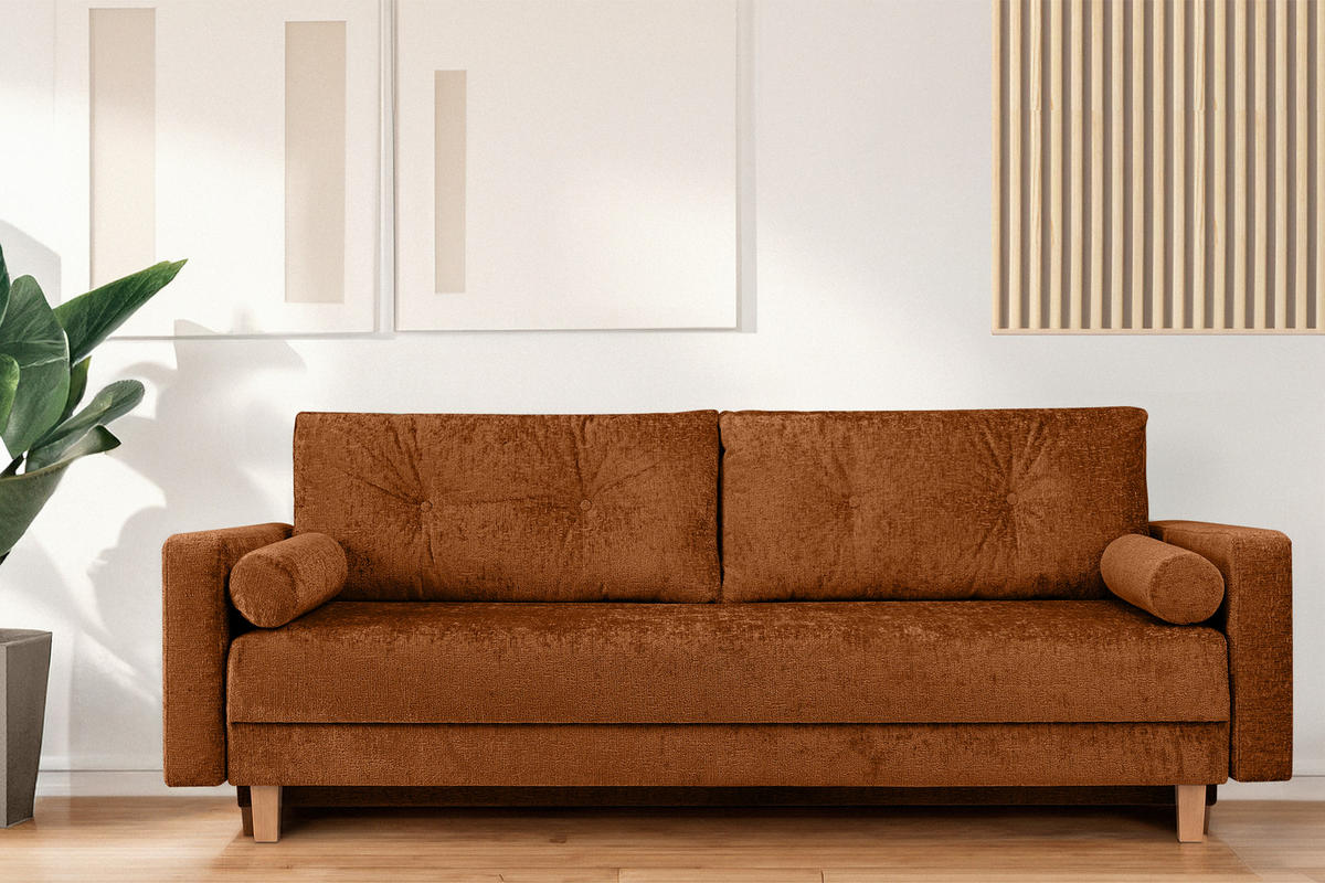 3-SITZER-SCHLAFSOFA ERISO mit weiche Sitzfläche und hohe Rückenlehne, Chenille-Stoff, rot - Rot/Braun, Textil (220/80/100cm) - KONSIMO®