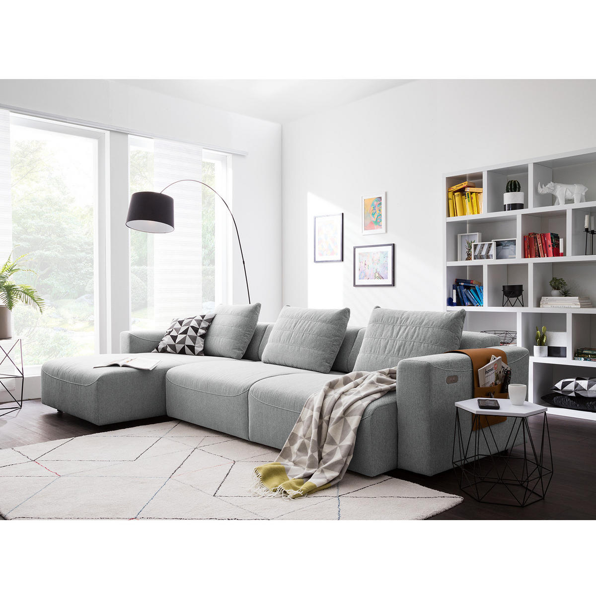 3-SITZER ECKSOFA mit Longchair - Webstoff - Hellgrau/Schwarz, Kunststoff/Textil (320/170cm) - home24