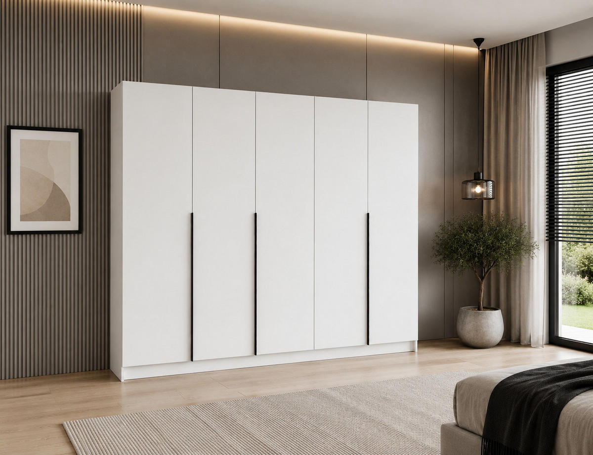 DREHTÜRENSCHRANK Riva 250x42x245 cm Weiß – 5-türig mit Spiegel & Kleiderstange - Weiß, Holzwerkstoff (250/245/42cm) - BM-Möbel