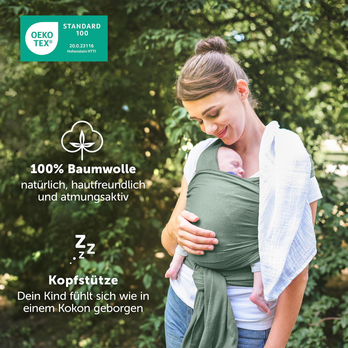 BABYTRAGEN für Neugeborene bis 15 kg - 100% Baumwolle (Ohne Elasthan) - Grün - Grün, Textil (60/5.1cm) - Laleni