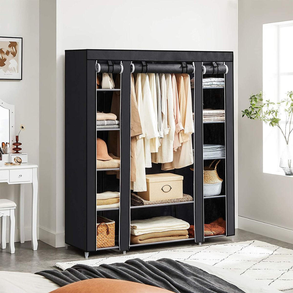 STOFFKLEIDERSCHRANK mit 12 Ebenen und Kleiderstange - L150 cm - Schwarz, Metall (45/175/150cm) - Calicosy