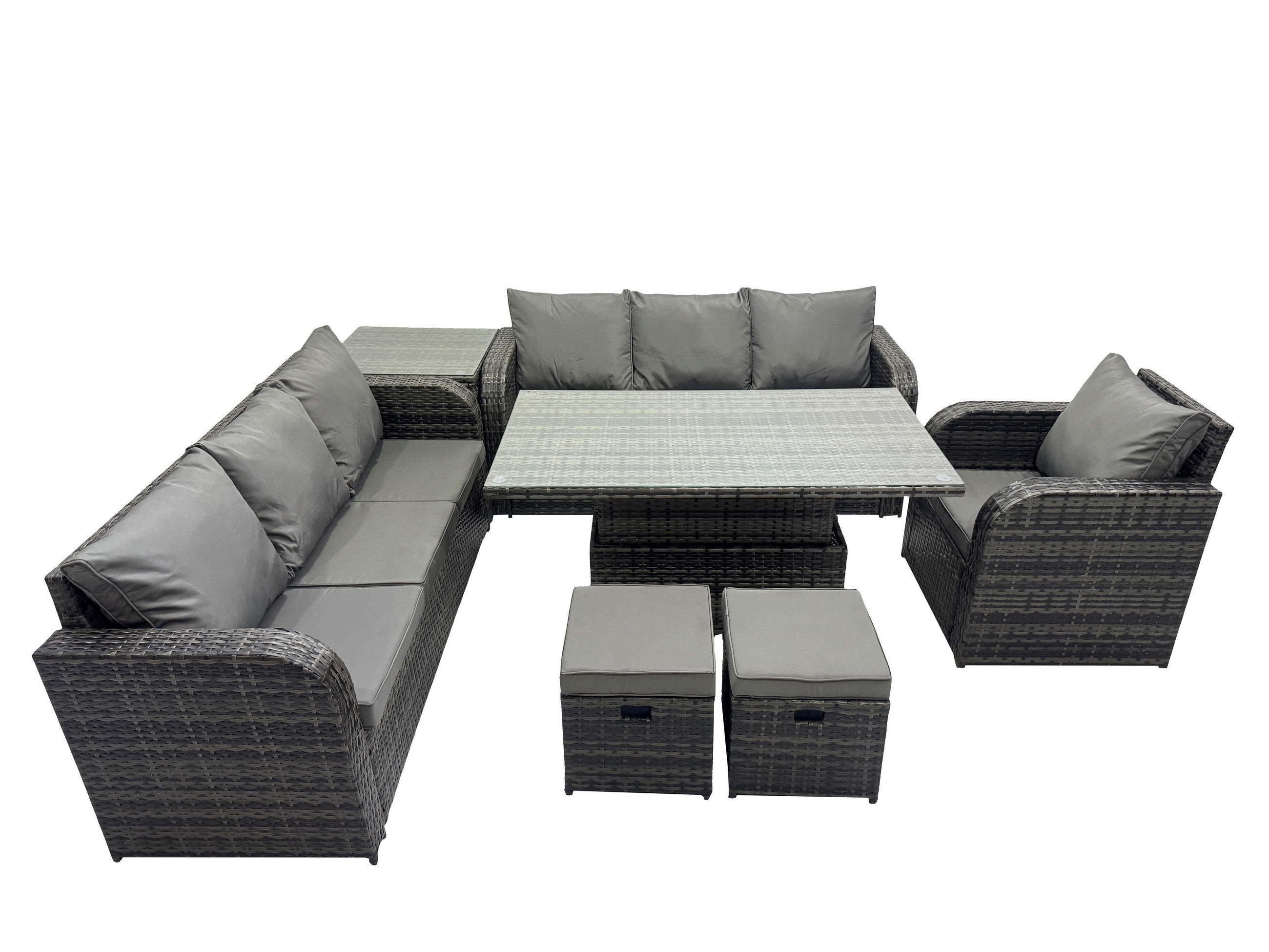 GARTENMÖBELSET mit Höhenverstellbarer Esstisch Polyrattan 9-Sitzer Grau - Dunkelgrau/Grau, Glas/Kunststoff - Fimous