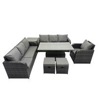 GARTENMÖBELSET mit Höhenverstellbarer Esstisch Polyrattan 9-Sitzer Grau - Dunkelgrau/Grau, Glas/Kunststoff - Fimous
