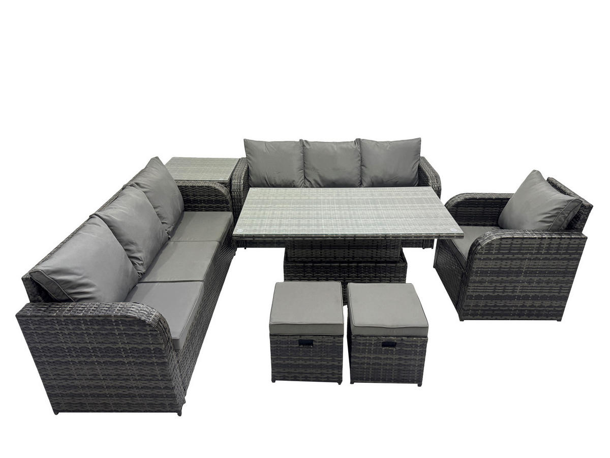 GARTENMÖBELSET mit Höhenverstellbarer Esstisch Polyrattan 9-Sitzer Grau - Dunkelgrau/Grau, Glas/Kunststoff - Fimous