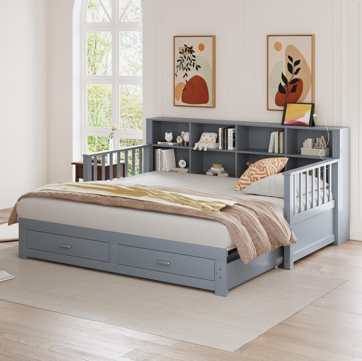 BETT 90/190 cm aus Massivholz in Grau – ausziehbar auf 180/190 cm, inkl. Lattenrost - Grau, Holzwerkstoff (90/190cm) - BEAOK