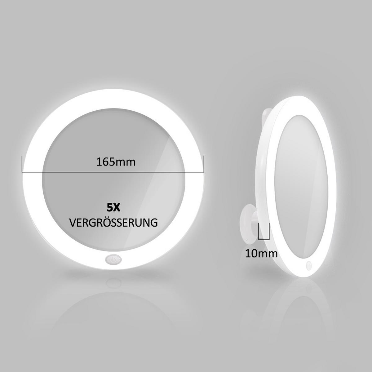 KOSMETIKSPIEGEL mit Licht mit Saugnapf, 5-fache Vergrößerung, Weiß, ф16,5 cm - Weiß, Glas (16.5/16.5/16.5cm) - EMKE