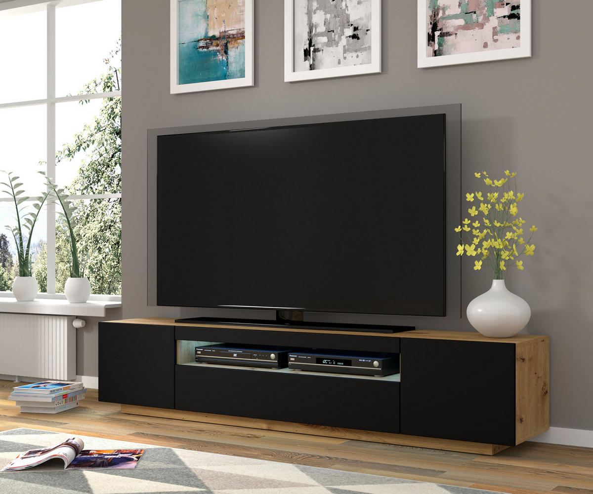 TV LOWBOARD Artisan Eiche, Schwarz 200/42/37 - Schwarz/Eiche Artisan, Holzwerkstoff (200/42/37cm) - RAUMHIRSCH FURNITURE