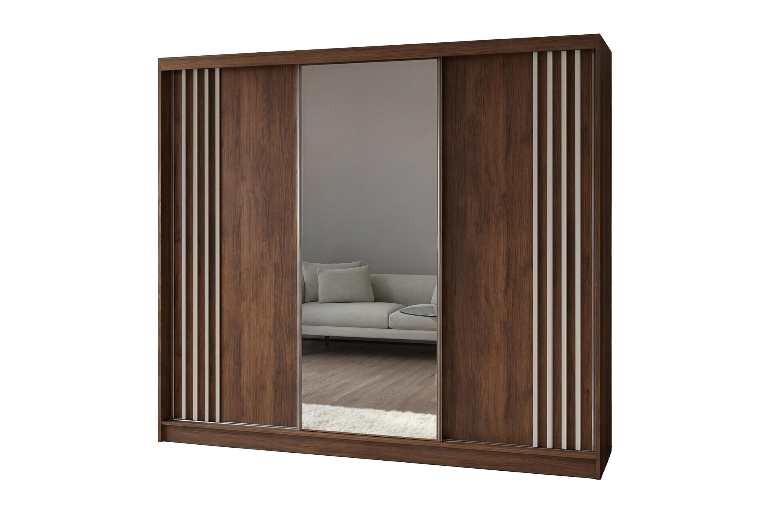 SCHWEBETÜRENSCHRANK Neli 240 cm mit Lamellen und Spiegel 3-türig, Nuss Warmia, Lamelle weiß - Dunkelbraun/Weiß, Kunststoff (240/216/61cm) - Margaret Hadas24