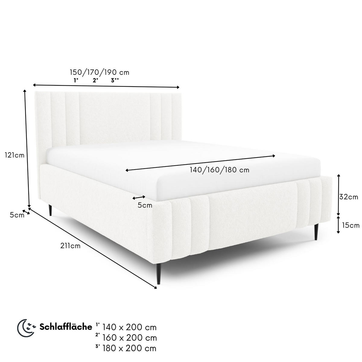 POLSTERBETT RIVIO LEG mit Beinen Bettkasten Lattenrost 140x200 Weiß - Weiß, Holz (140/200cm) - Furnistar