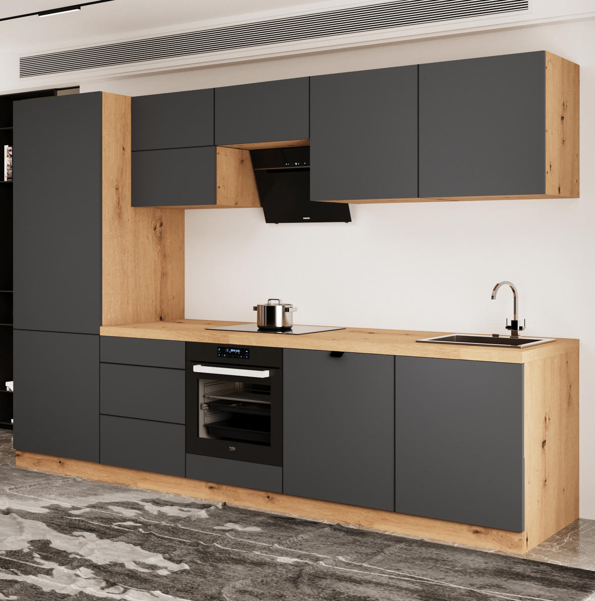 KÜCHENZEILE 300 cm - Langen KL29-M300 - in Grau/Matt - Grau, Holz (300/212/58cm)