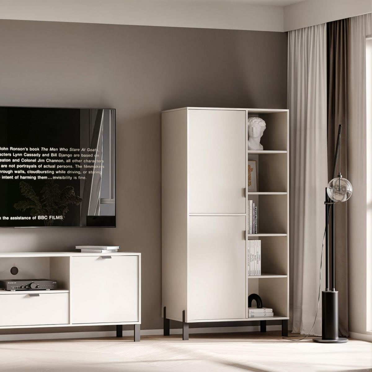 BÜCHERREGAL Cortina mit 2 Türen und 4 offenen Regalen, links, Sandbeige - Sandfarben/Schwarz, Holzwerkstoff (80.5/155.5/45cm) - Beautysofa