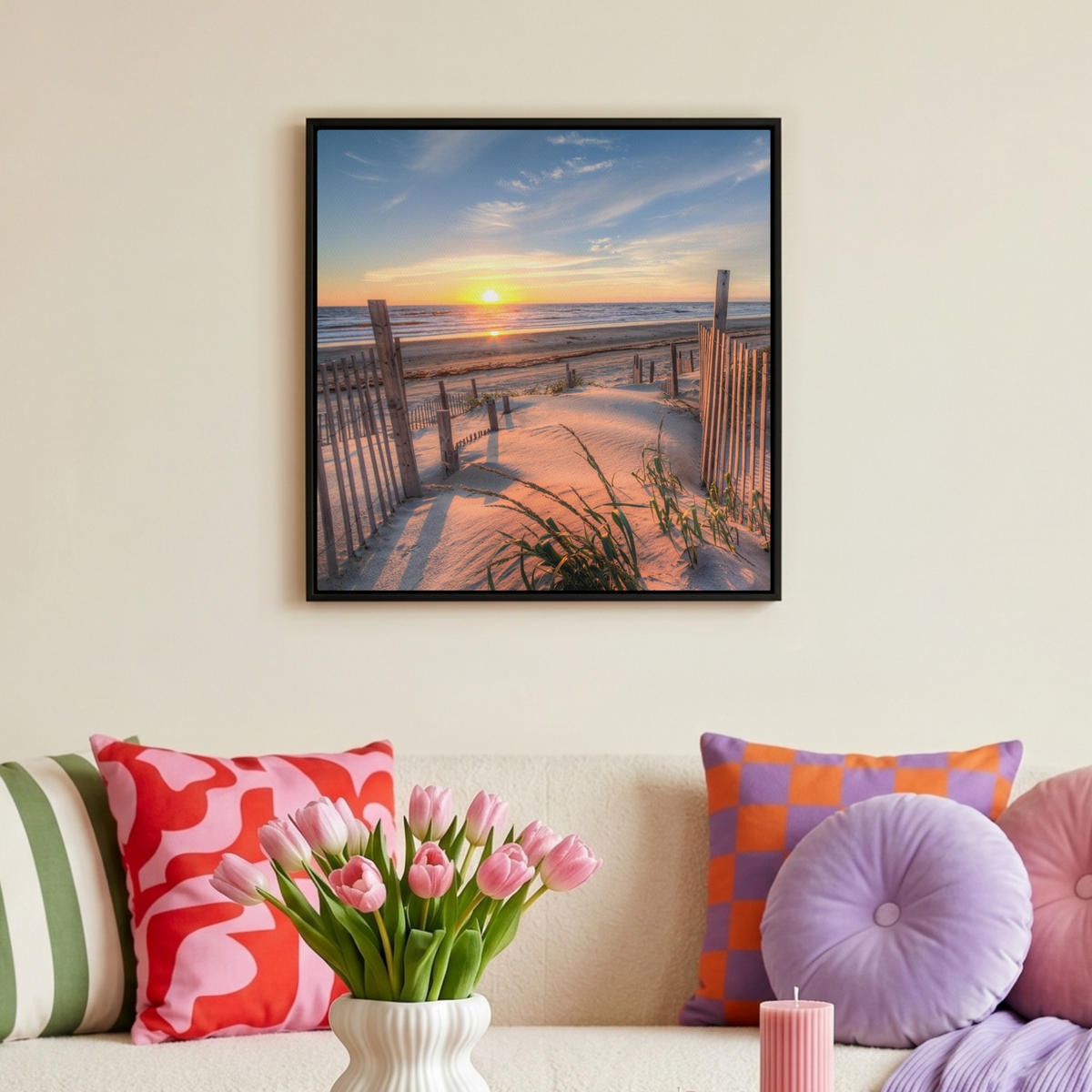 LEINWAND Bilder mit Rahmen - Strand - Meer - Düne - Sonnenuntergang - Landschaft - 50x50 - Beige, Textil (50/50cm) - MuchoWow