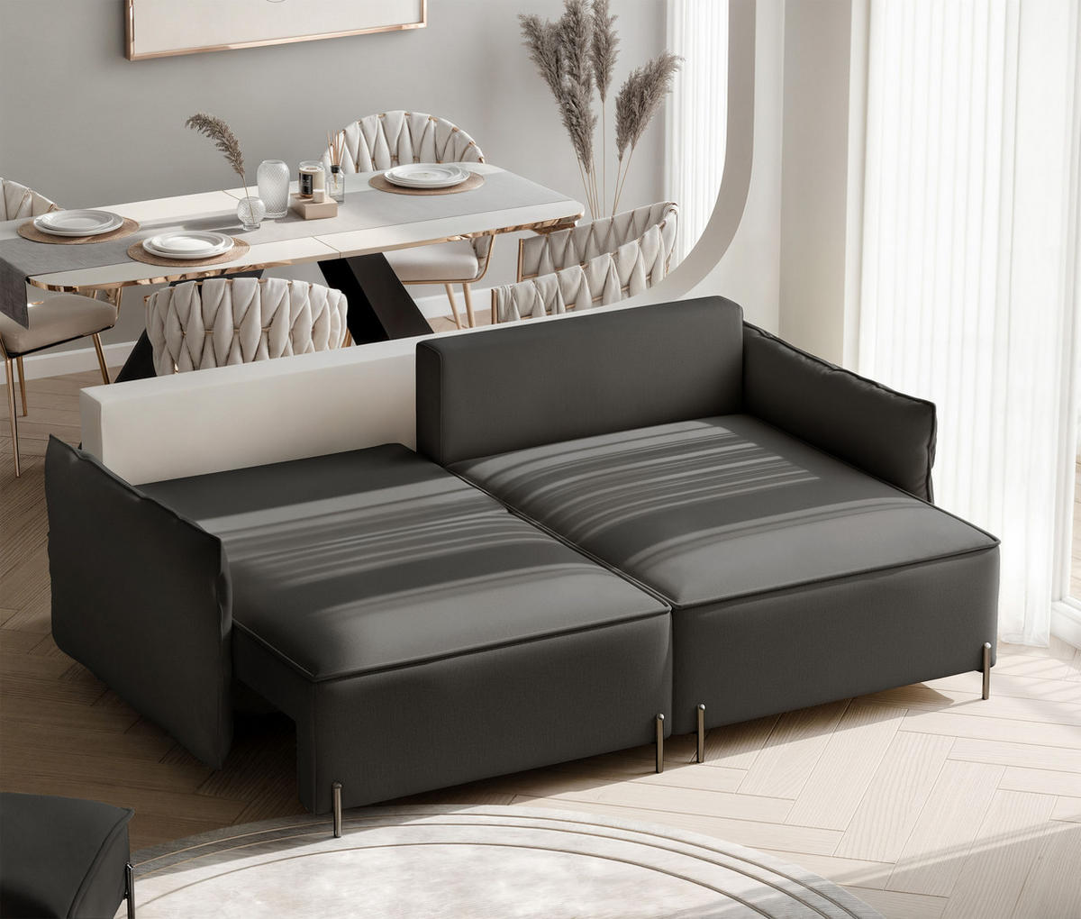ECKSOFA MARCO Rechts, mit Schlaffunktion und Bettkasten, Anthrazit - Anthrazit, Textil/Metall (221/148cm) - Idohome