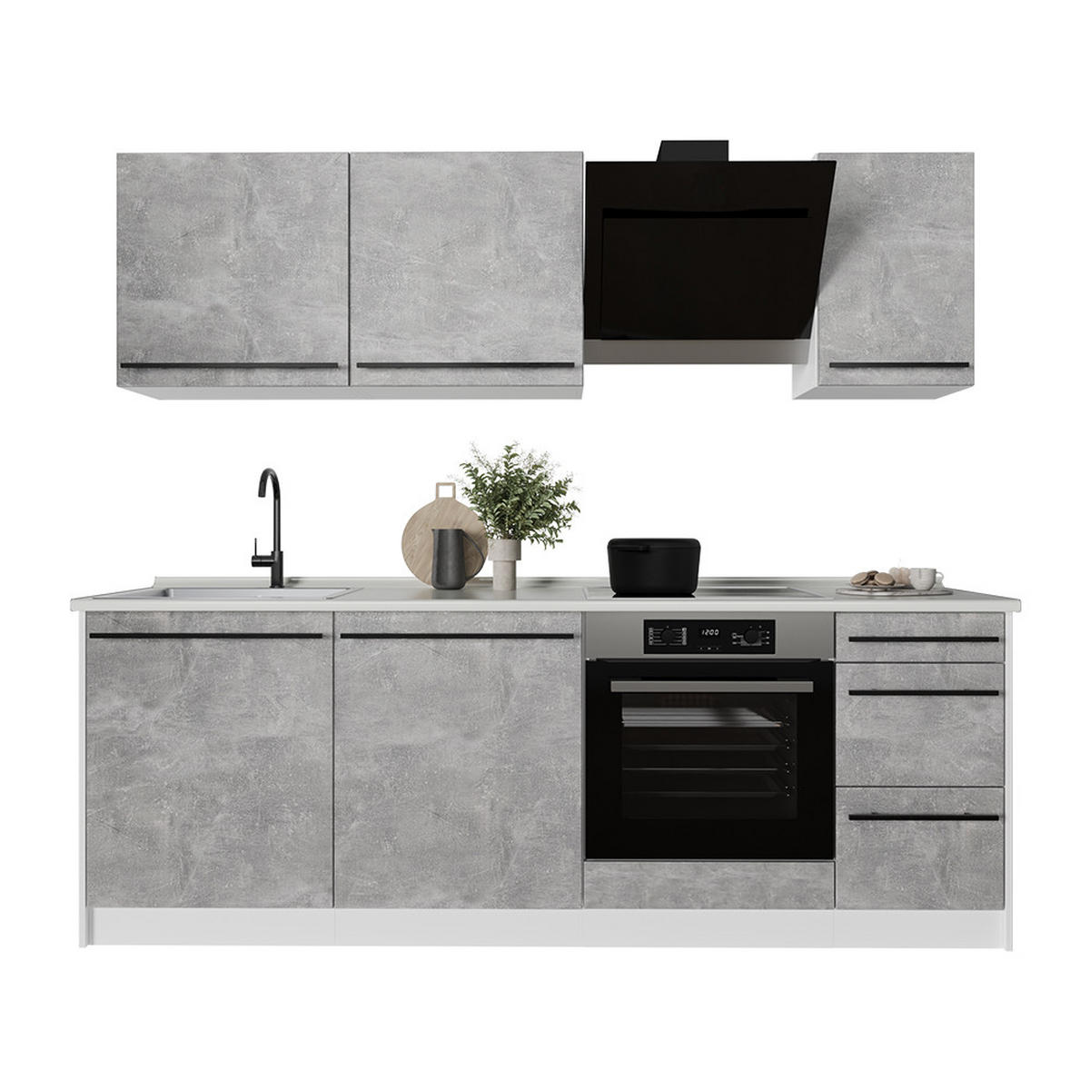 KÜCHENZEILE R-Line, Beton/Weiß, 220 cm ohne Arbeitsplatte - Weiß/Grau, Holzwerkstoff (220/81.6/46cm) - Vicco