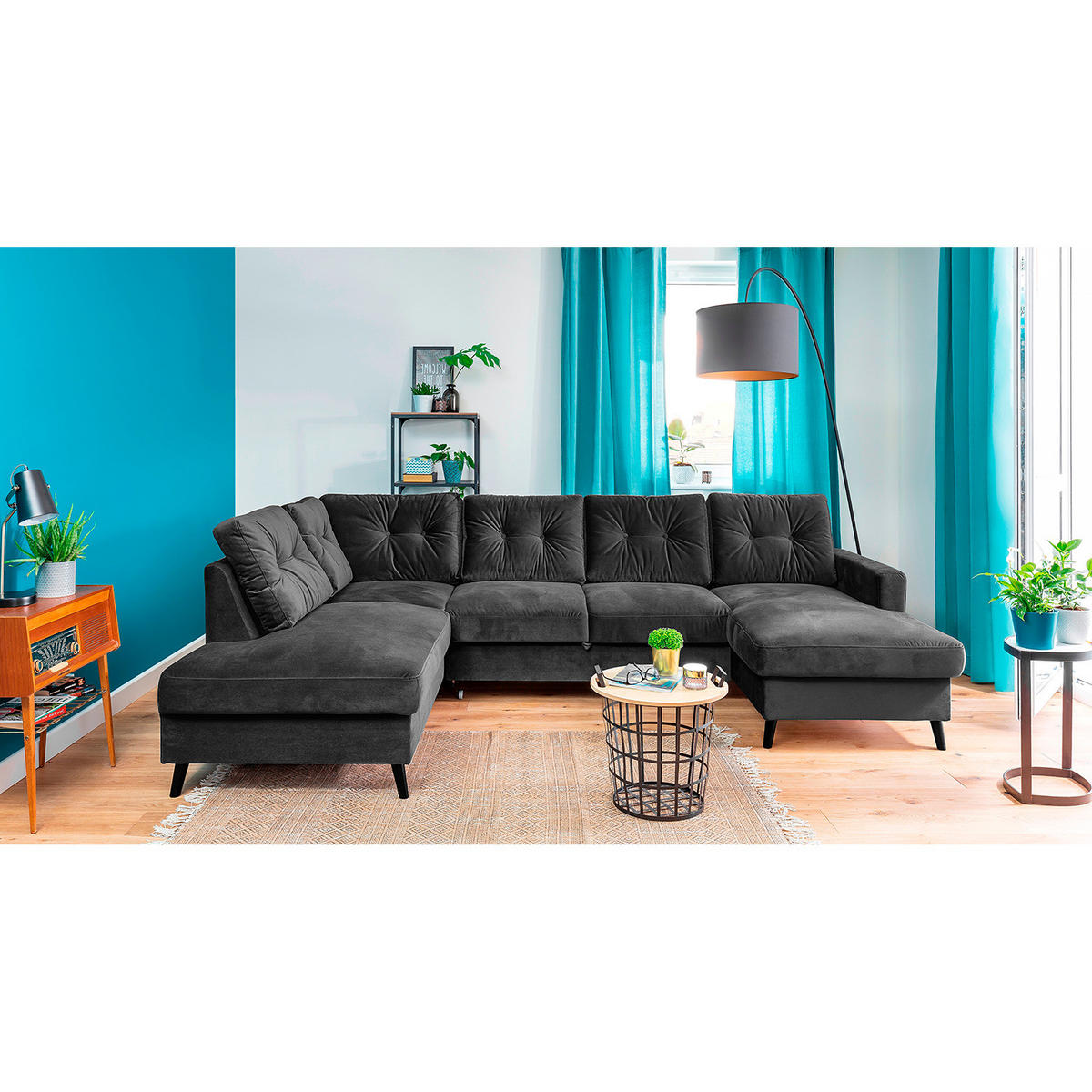 WOHNLANDSCHAFT mit Longchair - Schwarz/Grau, Buchenholz/Textil (297/90/200cm) - home24