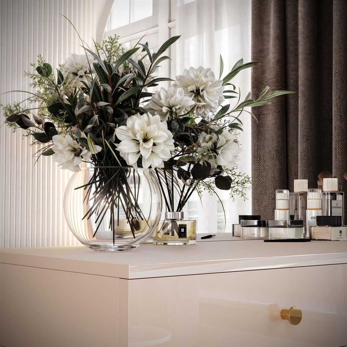 SCHMINKTISCH SIENNA-QS KASCHMIR mit LED-Spiegel Goldgriff - Ecru, Holzwerkstoff (100/81/42cm) - Lookway