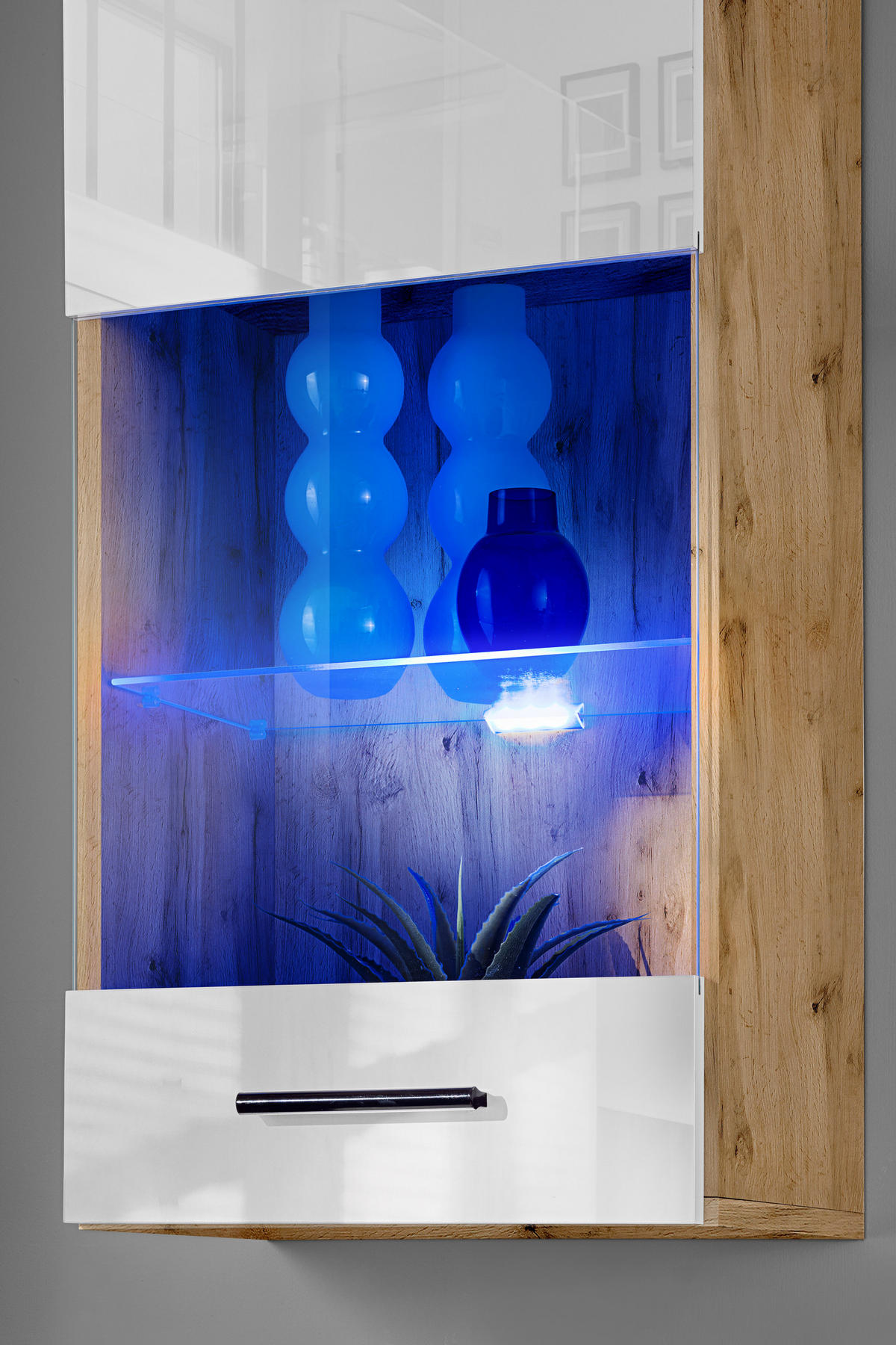 WOHNZIMMERSET VARALLO, 6er-Set, Eiche Wotan, Front Hochglanz Weiß , LED Blau - Eiche Wotan/Schwarz, Glas/Holzwerkstoff (200/190/45cm) - Komodee