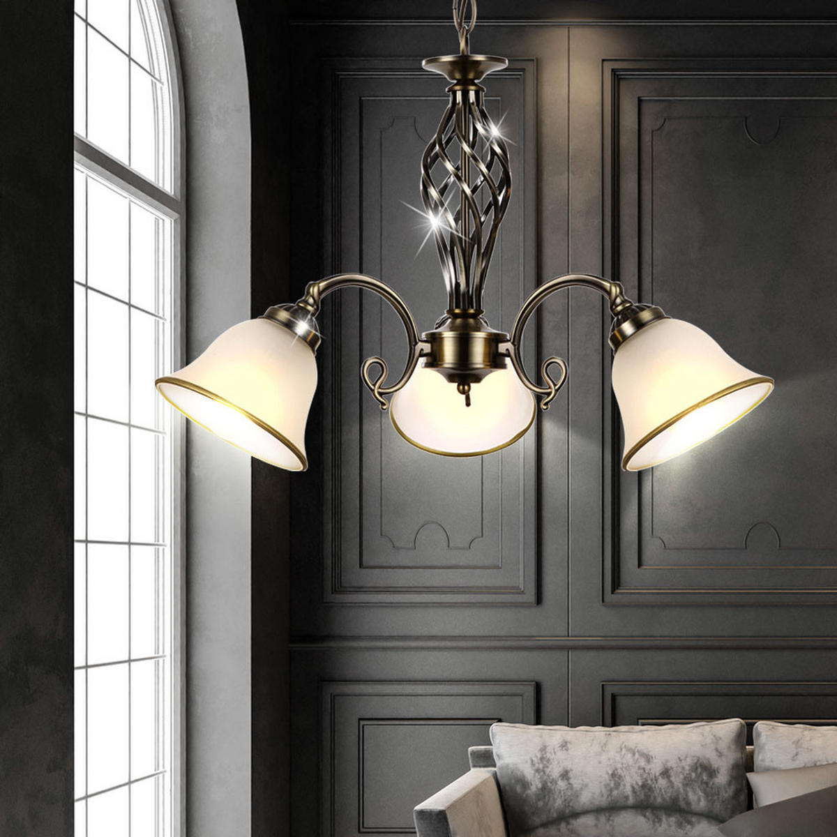 KRONLEUCHTER ODIN Messing satiniert 3-flammig - Messingfarben, Glas (60/60/120cm) - Globo Lighting