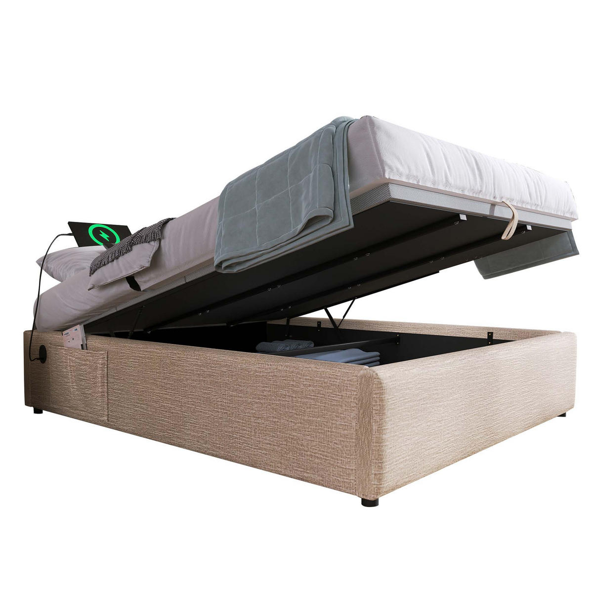 POLSTERBETT 160/200 cm Natur mit Stauraum und USB/Type-C-Anschlüssen - Beige, Textil (160/200cm) - OKWISH