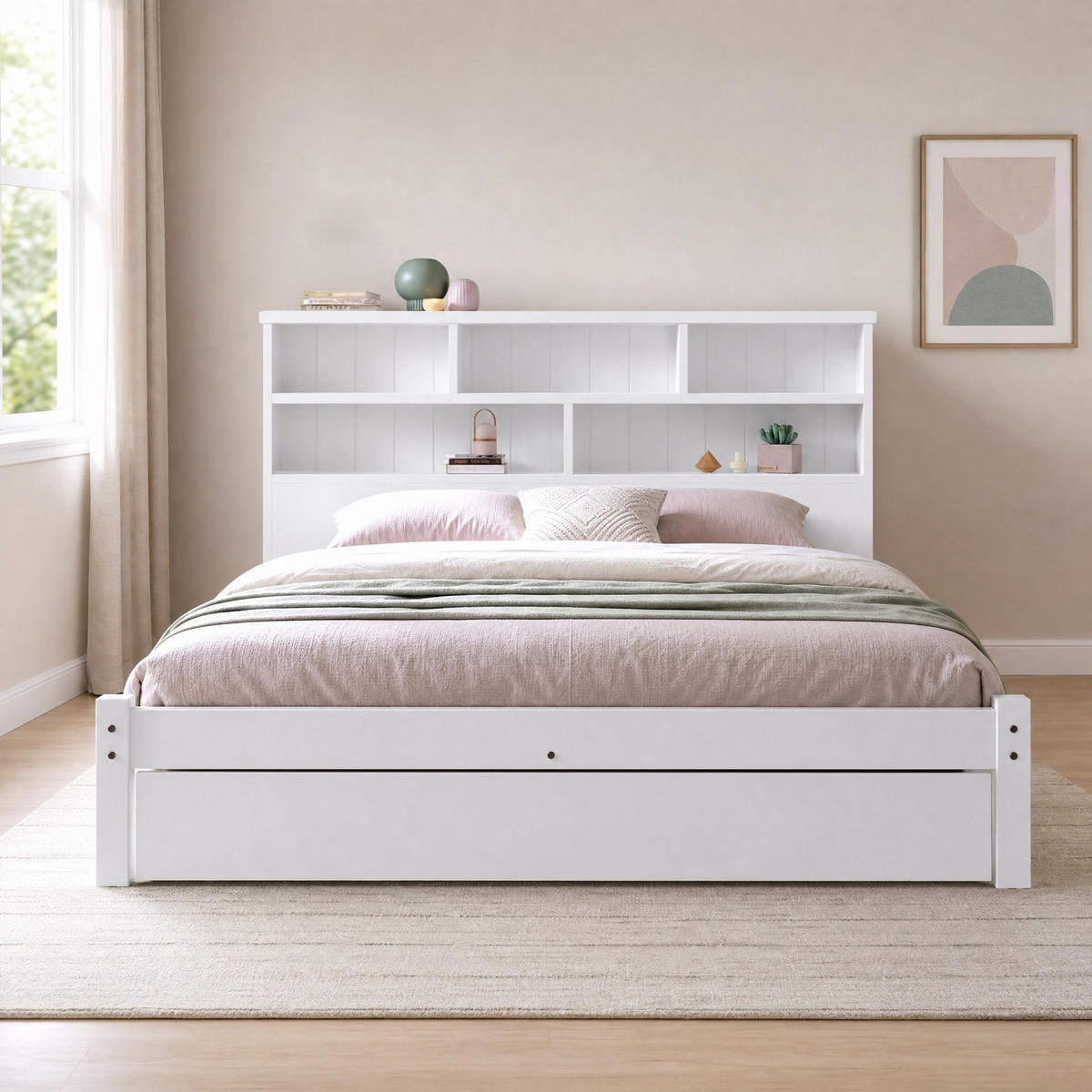 JUGENDBETT 140/200 mit Schubladen und Bücherregal in Weiß - Beige, Holzwerkstoff (140/200cm) - EVRYAE