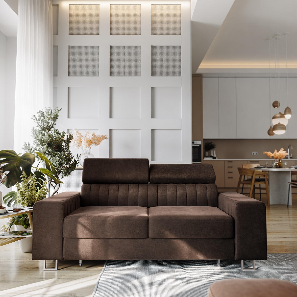 BETTSOFA SOLAN Braun Velours-Stoff mit Schlaffunktion - Braun, Holz/Textil (194/88/90cm) - MASSENO