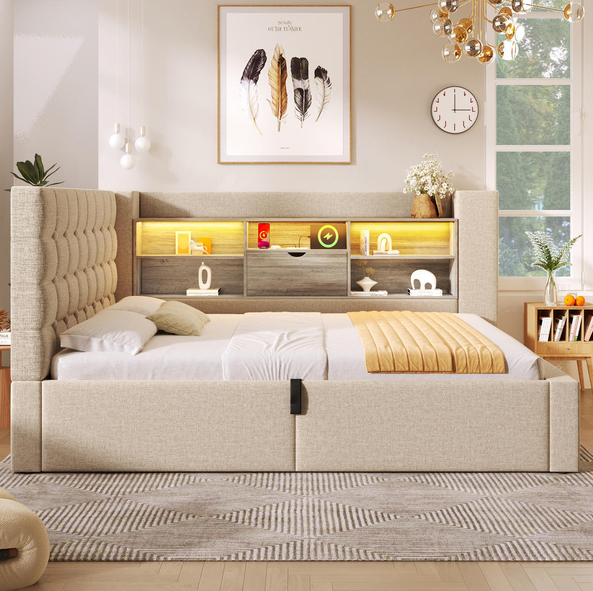 POLSTERBETT mit Stauraum 90x200 cm Leinen Beige inkl. Matratze - Beige, Metall (90/200cm) - Meubliv
