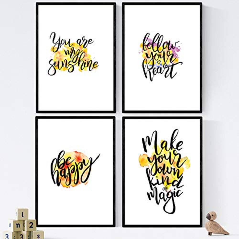 POSTER Set mit 4 glücklich und bunt ‚folgen‘ A4 Schwarzer Rahmen - Schwarz, Papier (29.7/3cm) - Nacnic