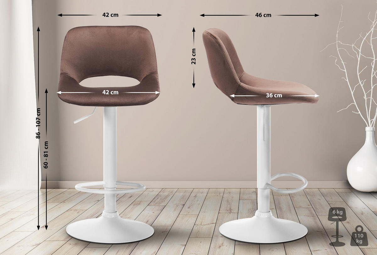 BARHOCKER 2er Set Samt braun - Weiß/Braun, Textil/Metall (42/86/46cm) - CLP