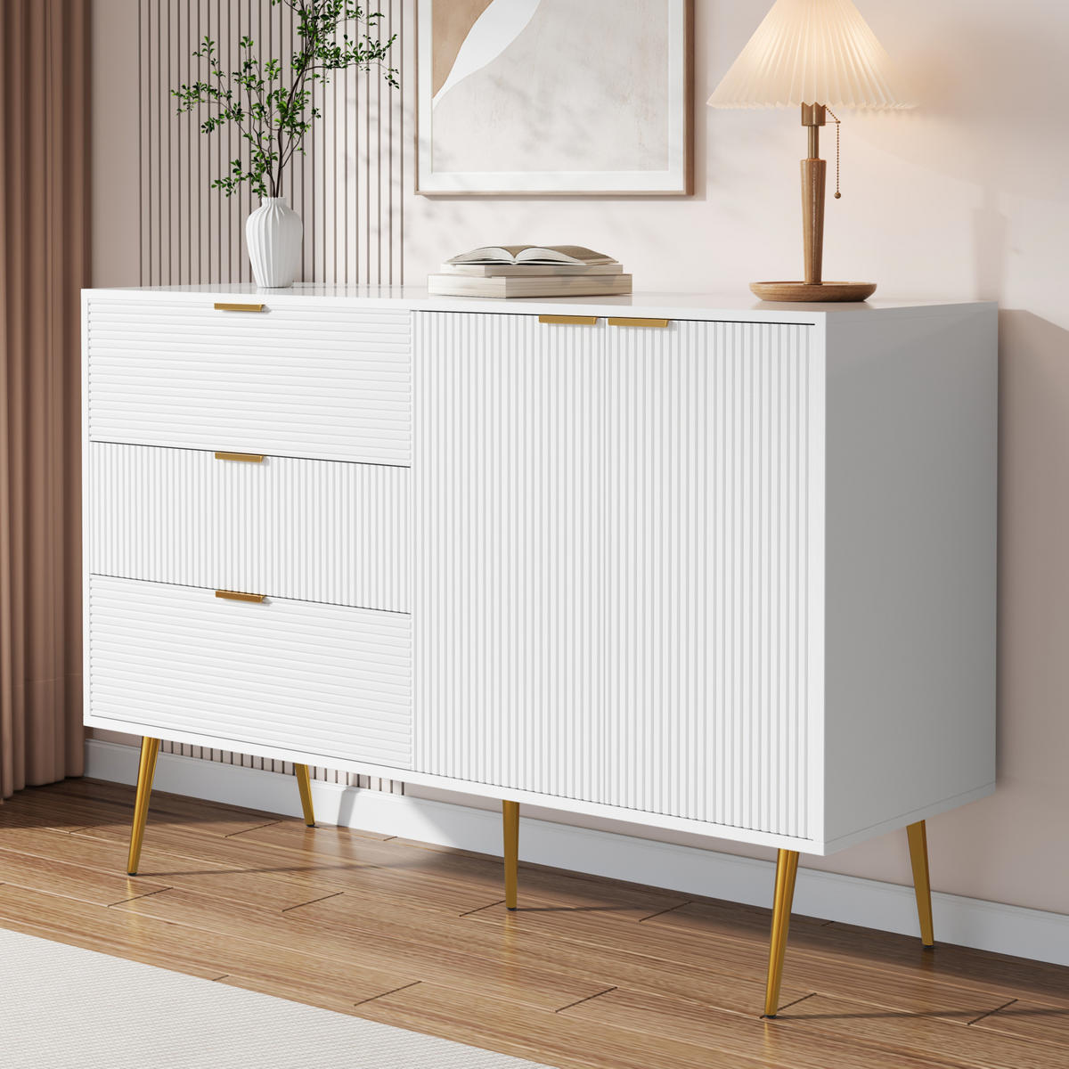 SIDEBOARD 120/38/80,5 cm aus MDF mit Wellenmuster und 3 Schubladen Weiß/Gold - Weiß, Holzwerkstoff (120/80.5/38cm) - Modenvie