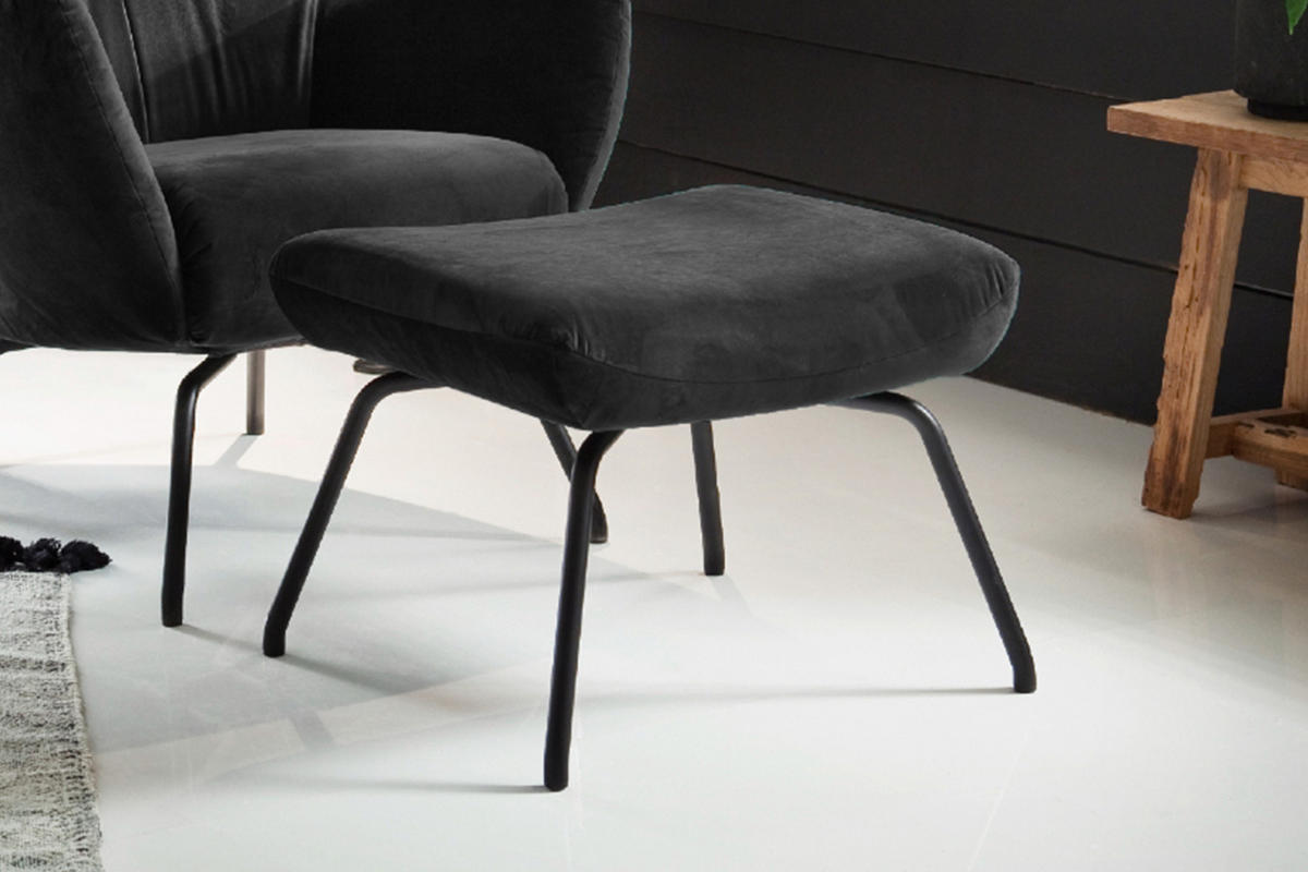 SESSEL MIT HOCKER LOTTE Schwarz Velvet - Schwarz, Textil (79/117/82cm) - KAWOLA
