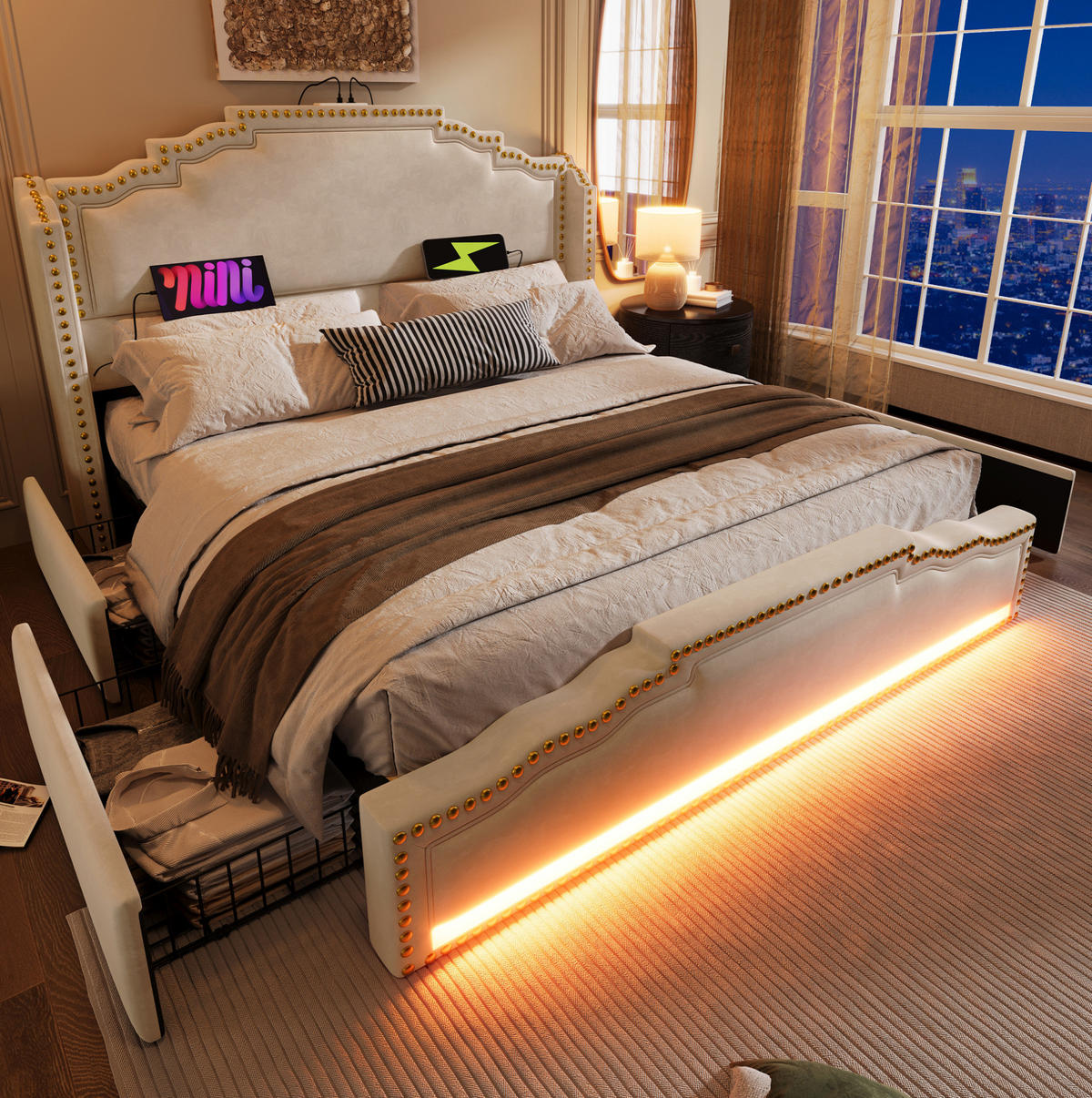 TAPECIRANI krevet 160/200 cm s LED osvjetljenjem, USB i Type-C priključkom te 4 ladice, Bež - bež, koža (160/200cm) - Redom
