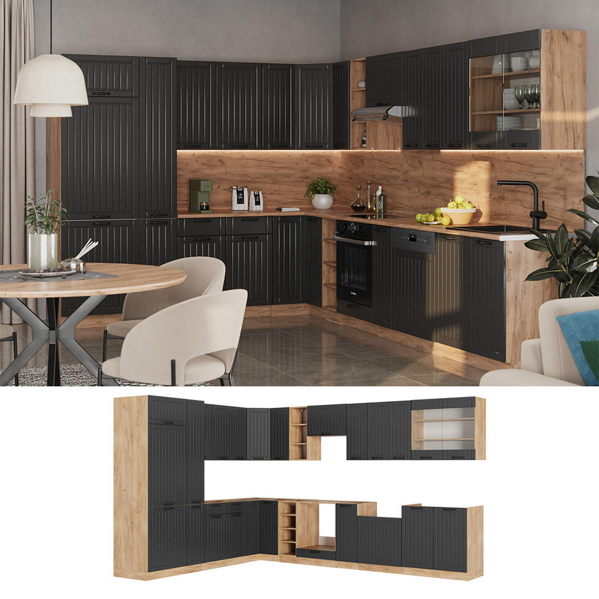 ROHOVÁ KUCHYŇ Fame-Line Tmavě šedá - tmavě šedá, kompozitní dřevo (347/81.6/46cm) - Vicco