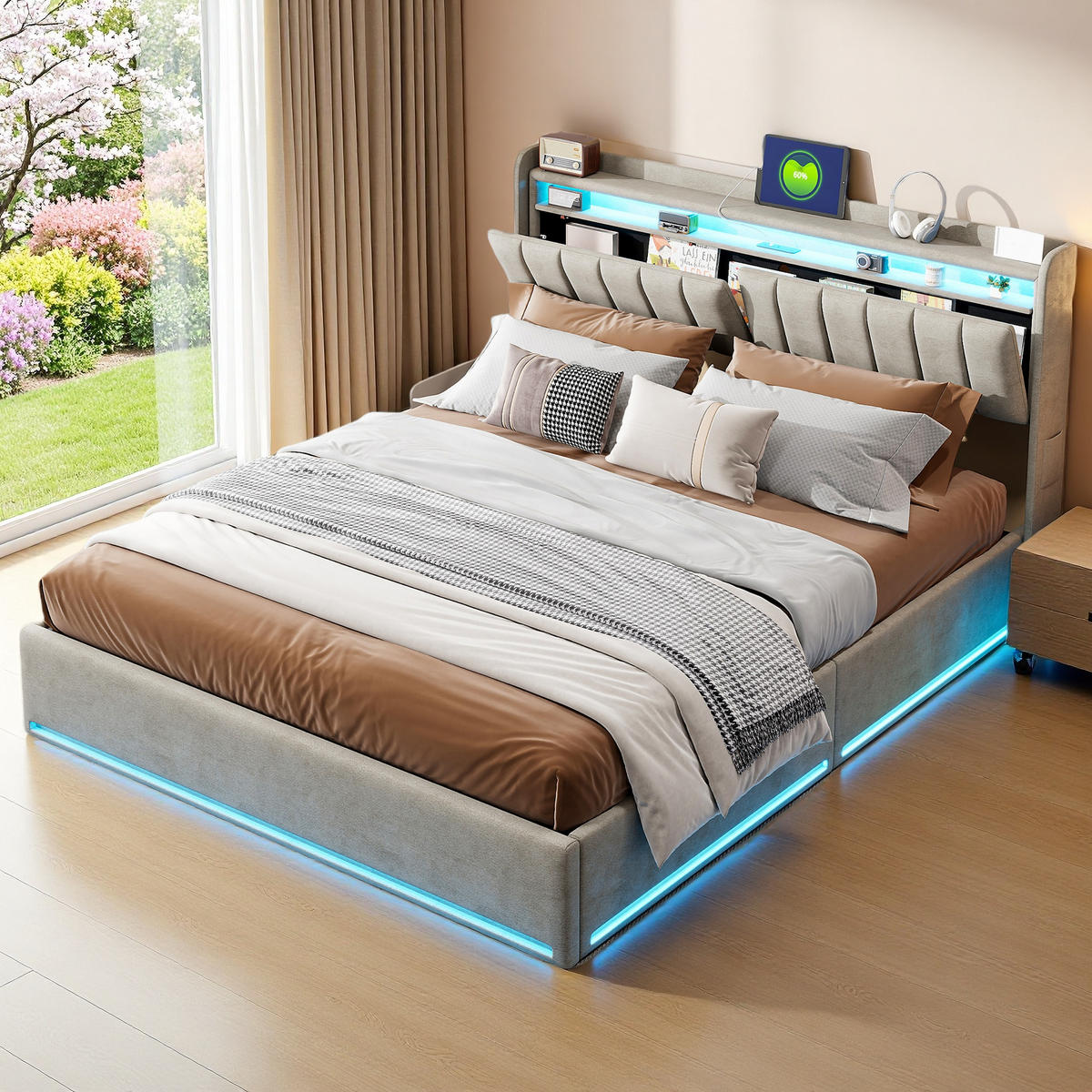 POLSTERBETT 160x200 cm Grau Samt LED Stauraum - Grau, Metall - SHOPENTRA