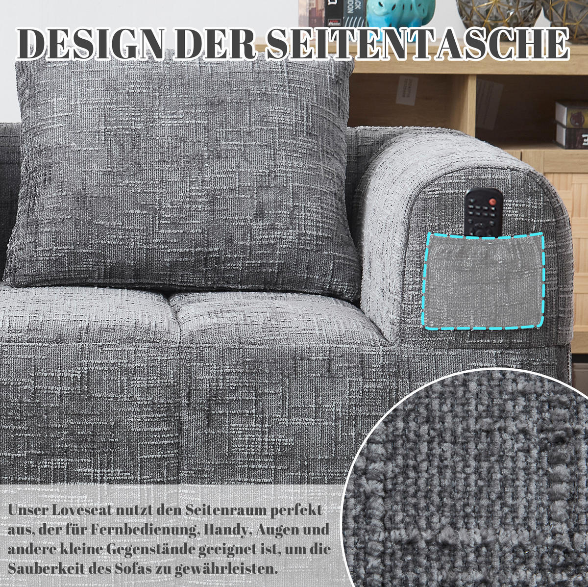 2-SITZER 158/90/60 cm Grau aus Chenille mit Seitentaschen - Grau, Textil (90/60/158cm) - OKMYHOME