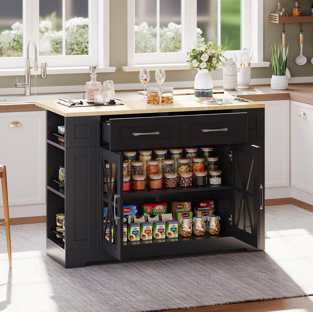 KÜCHENINSEL mit Klapptisch 120 x 40/65 x 92 cm MDF Black/Natural - Schwarz, Holz (65/92/120cm) - Beauniv