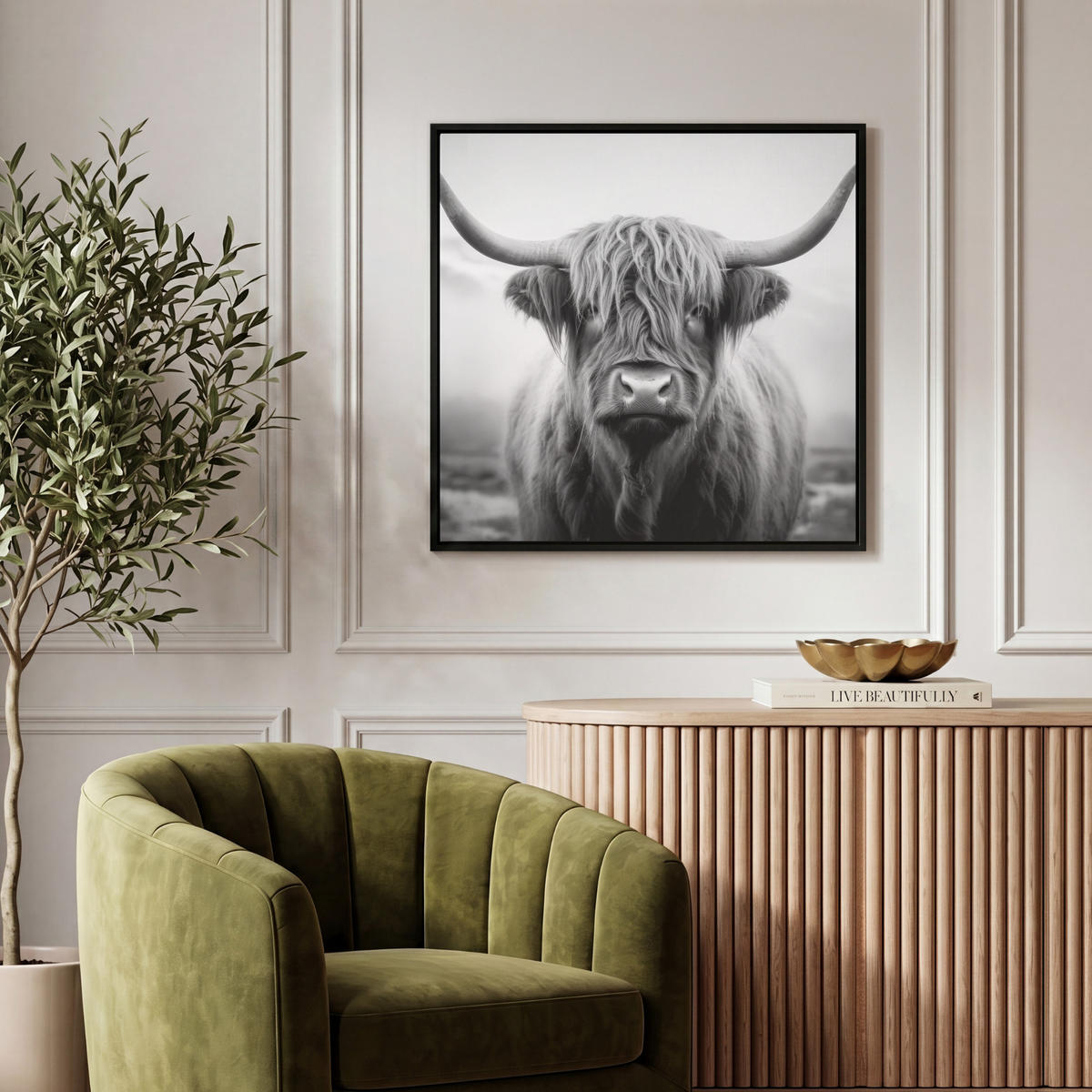 LEINWAND Bilder mit Rahmen - Schottischer Highlander - Nebel - Schwarz - Weiß - 50x50 - Grau, Textil (50/50cm) - MuchoWow