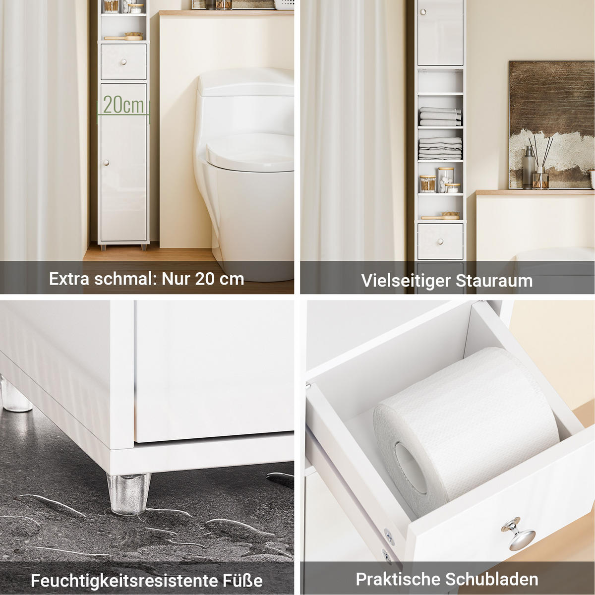 HOCHSCHRANK Weiß, Badezimmerschrank schmal 20x20x180 cm - Silberfarben/Weiß, Holzwerkstoff (20/180/20cm) - SoBuy